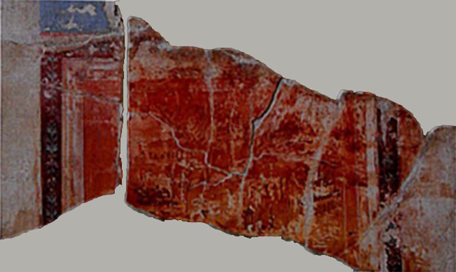 Villa dei Papiri, Herculaneum. East wall of ala (d). Two fragments of fresco.
Now in Naples Archaeological Museum. Inventory number s. n.
According to Esposito, the observation of the remains still in situ in the two alae and of the fragments detached during the excavation of the end of the last century from the ala (d) confirm the provenance in these rooms, most likely from the east wall of the ala (d), of the two fragments with monochromatic landscapes preserved at the Naples Museum.
See Esposito D., 2010. Le pitture della Villa dei Papiri ad Ercolano in La Villa Romaine de Boscoreale et ses Fresques. édicions errance: Musée royal de Mariemont. p. 215, fig. 7.